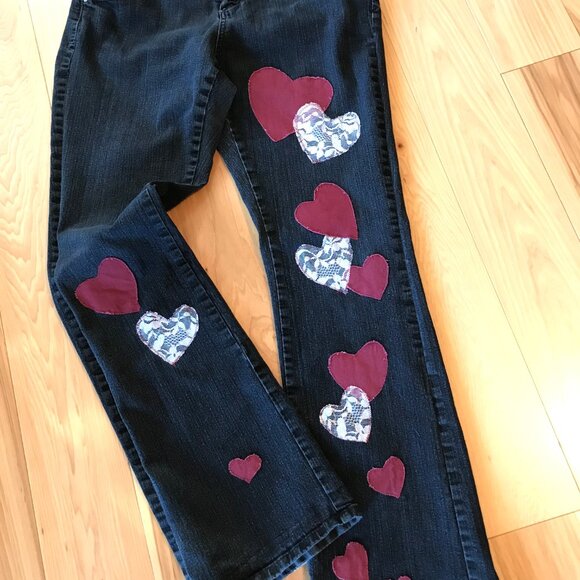 Upcycled Patchwork Jeans, Size 12:  Handmade Burgundy/Lace Patches, Black Denim - Picture 6 of 13